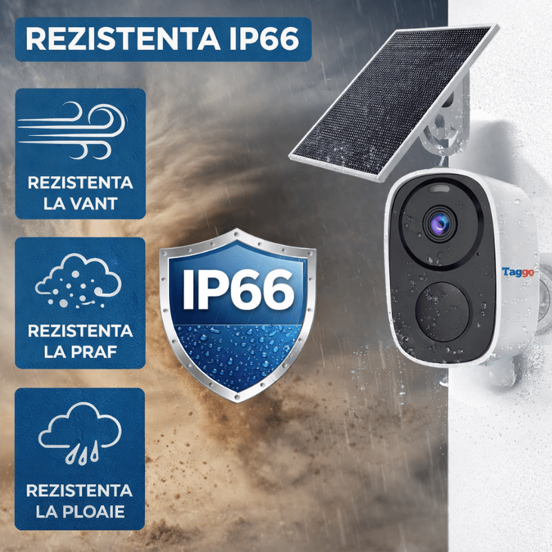 Camera de supraveghere Taggo cu panou solar, 3MP, WiFi, IR, IP66, control din aplicație, fixă, pentru exterior.