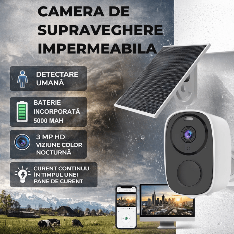 Camera de supraveghere Taggo cu panou solar, 3MP, conexiune 4G, IR, IP66, control din aplicație, fixă, pentru exterior.