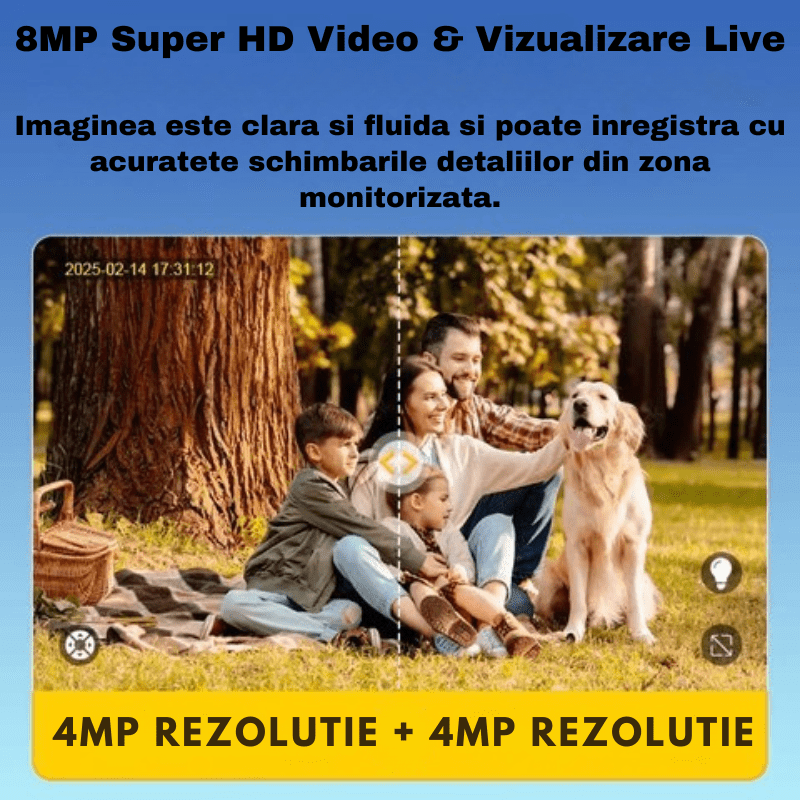 Camera supraveghere WiFi 4K Ultra HD, cu zoom optic 99X, rotire PTZ 355°, vedere nocturnă color și detectie AI, dual screen.