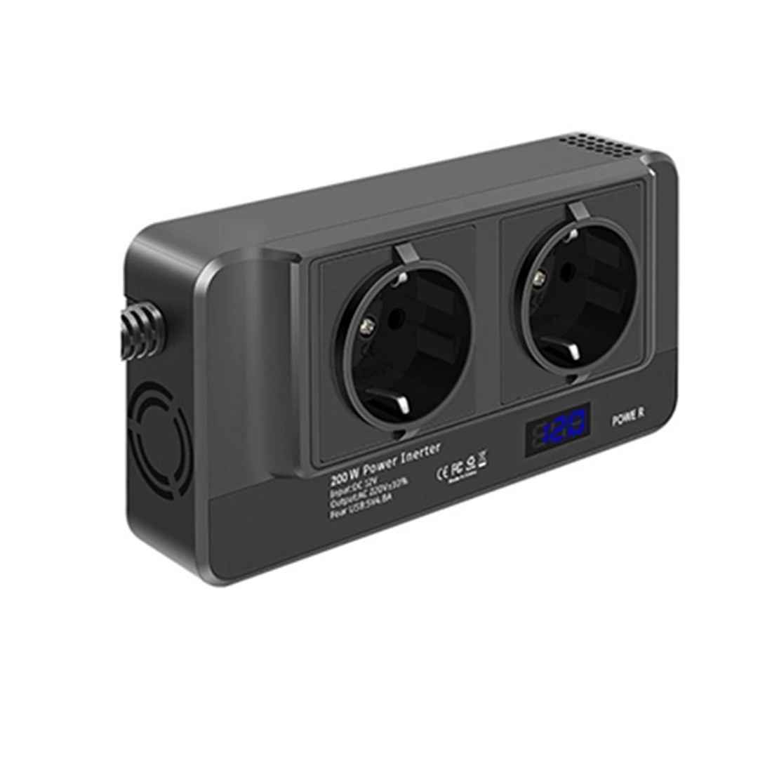 Invertor de tensiune auto 12V la priză EU, 400W, cu 4 porturi USB și afișaj digital, marca Taggo.