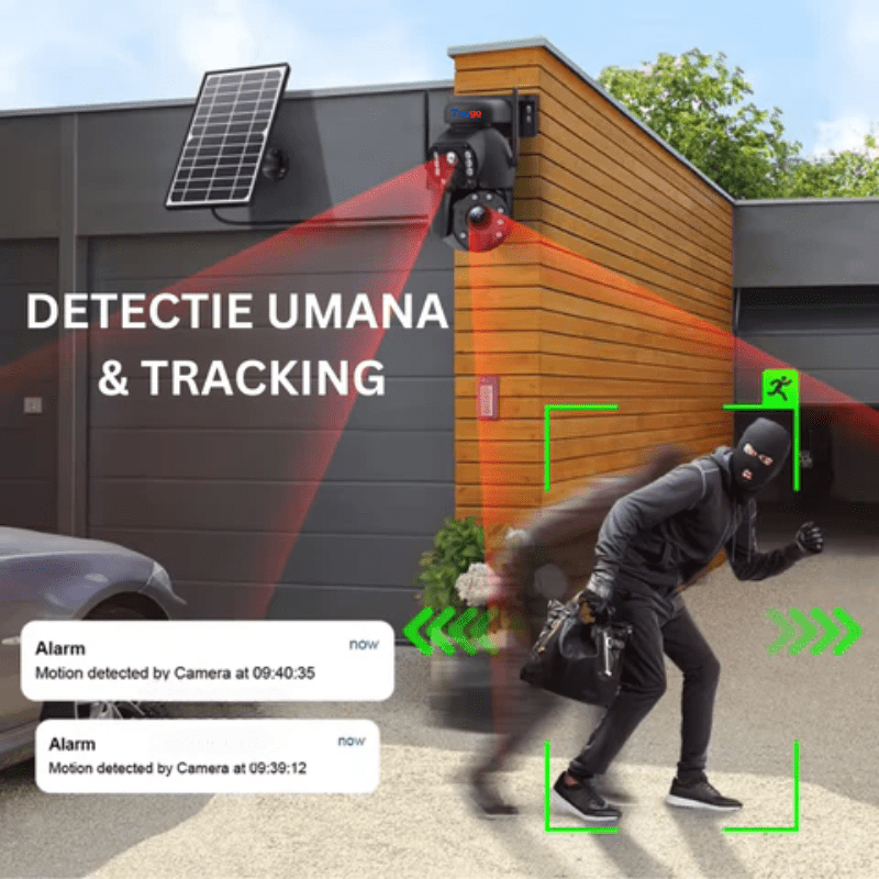 Camera de supraveghere WIFI 3K Ultra HD cu zoom 50X, duală, încărcare solară și rezistentă la apă IP66, rotire din aplicație.