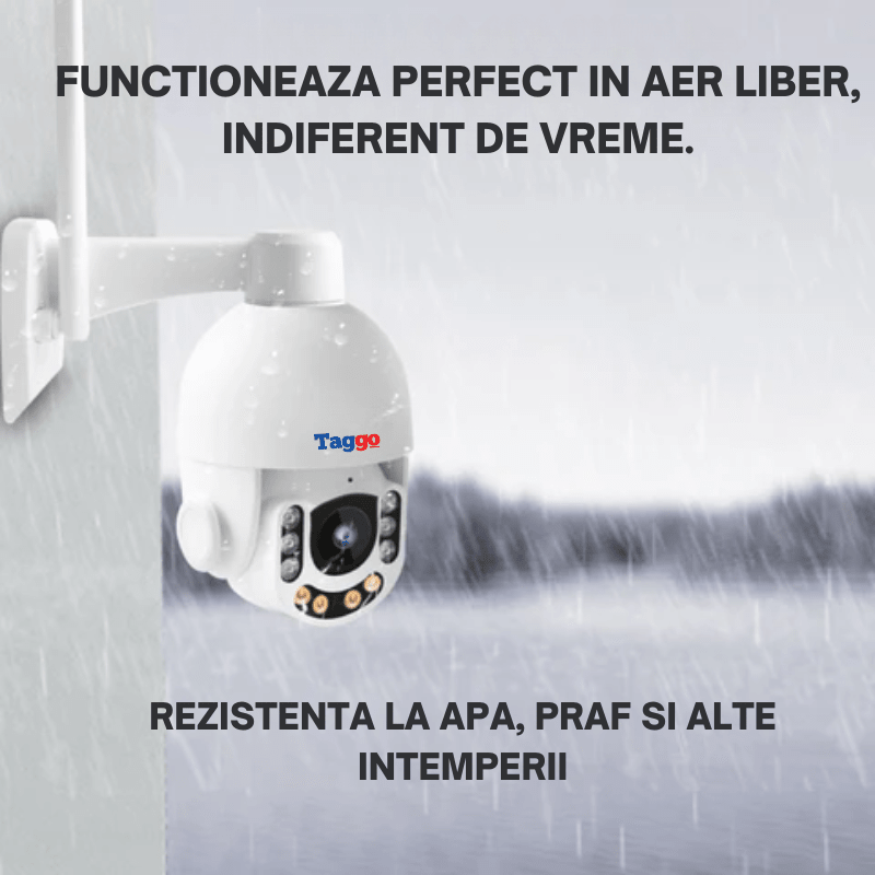 Camera de supraveghere smart Taggo.ro, rezistentă la apă și praf, cu conexiune 4G și comunicare bidirecțională