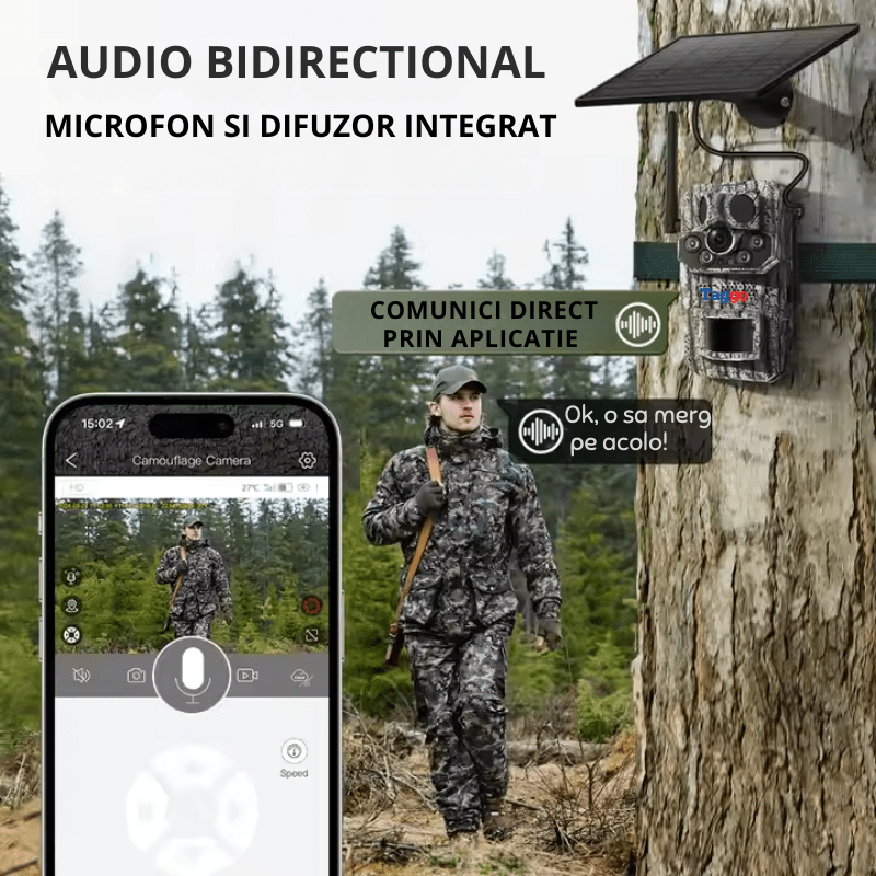 Camera de vânătoare Taggo cu conexiune 4G, 5MP, incarcare solară, GPS și rezistență IP66, pentru supraveghere în natură.