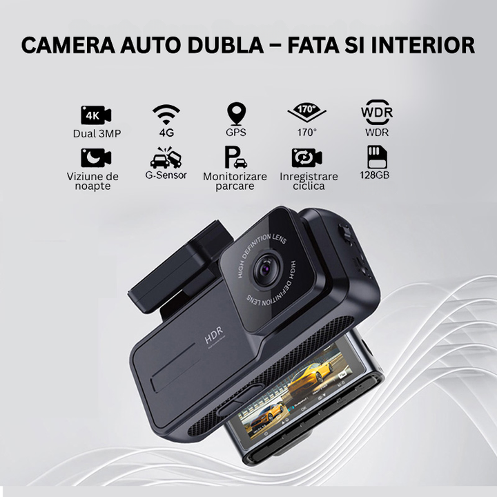 Camera Auto Dubla- Fata si Interior 4K, Cartela SIM 4G, Functionare 24/24, Viziune Nocturna, Comunicare Bidirectionala, GPS - Taggo.ro