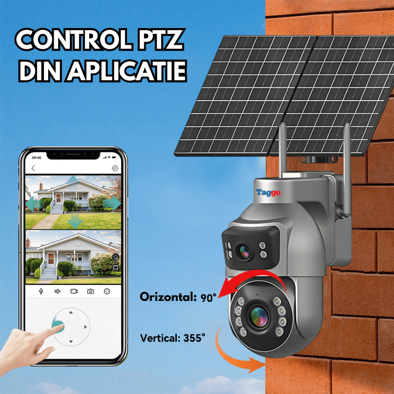 Camera Supraveghere cu Panou Solar Dublu TAGGO pentru exterior, conexiune 4G 4K, Inregistrare Continua AOV, Zoom Optic 36x - Taggo.ro