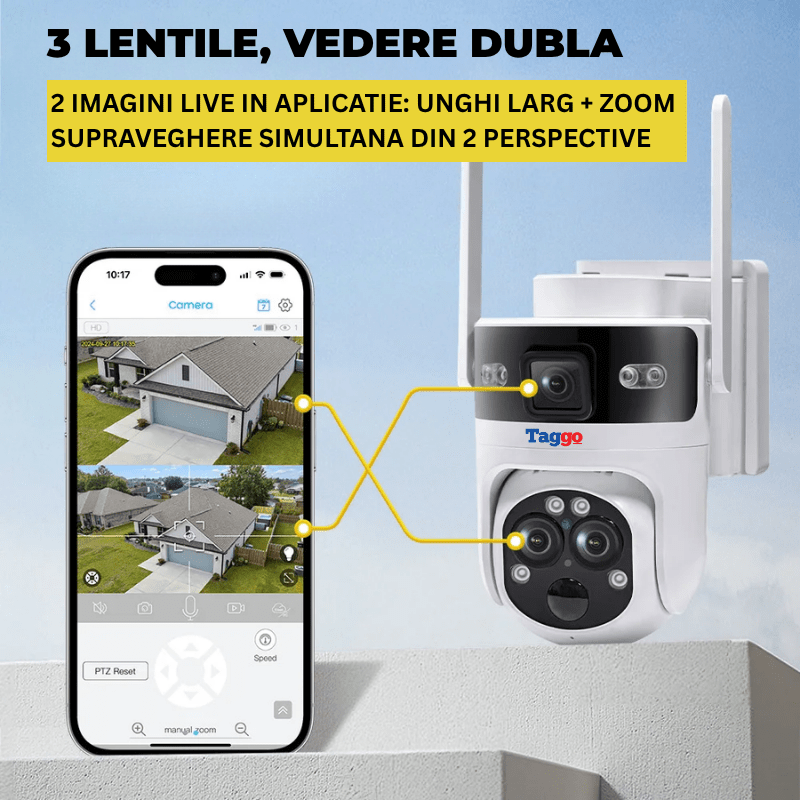 Camera de supraveghere Taggo cu rezoluție 6MP, zoom 15x, vizionare nocturnă, incarcare solară și trei lentile pentru exterior.