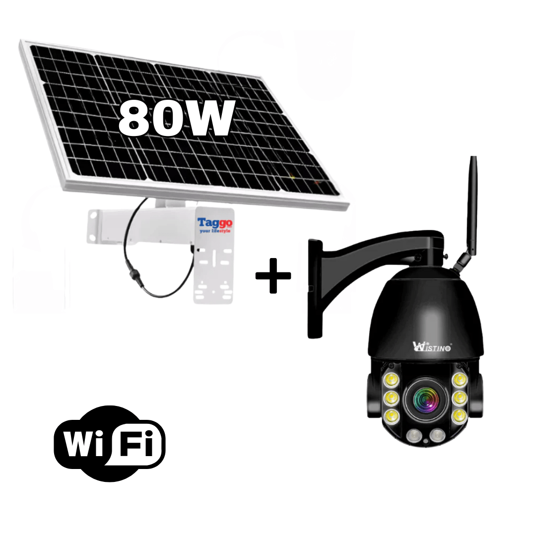 Camera de supraveghere Fast Bundle cu panou solar, rezoluție 4K Ultra HD, zoom optic 100x și conectivitate Wi-Fi.