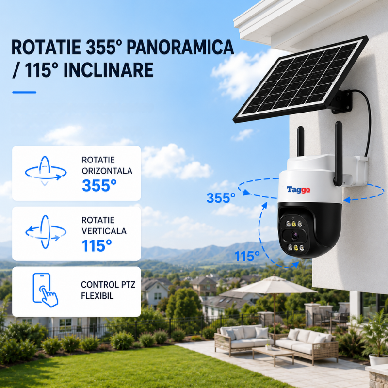 Cameră de supraveghere P60 4G Taggo.ro cu panou solar 10W, rezoluție 5MP și funcție PTZ pentru monitorizare sigură