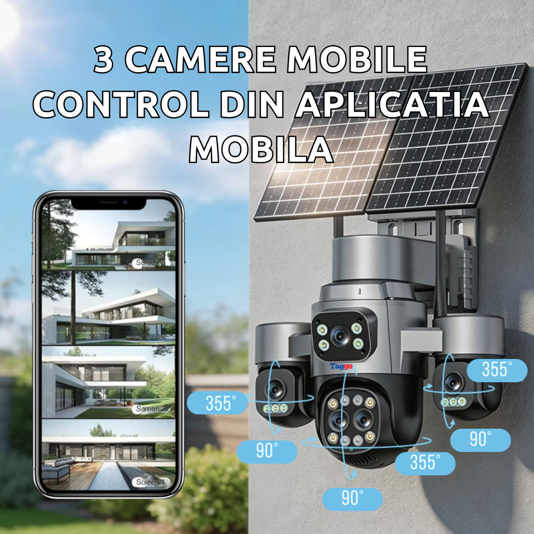 Camera de supraveghere 4G cu dublu panou solar 18X ZOOM, 20MP, 5 lentile, functie AOV, comunicare bidirectionala, detectie umana AI