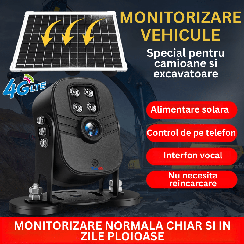 Camera auto de supraveghere pentru camioane, 5MP, 4G, cu panou solar, control aplicație și comunicare bidirecțională.