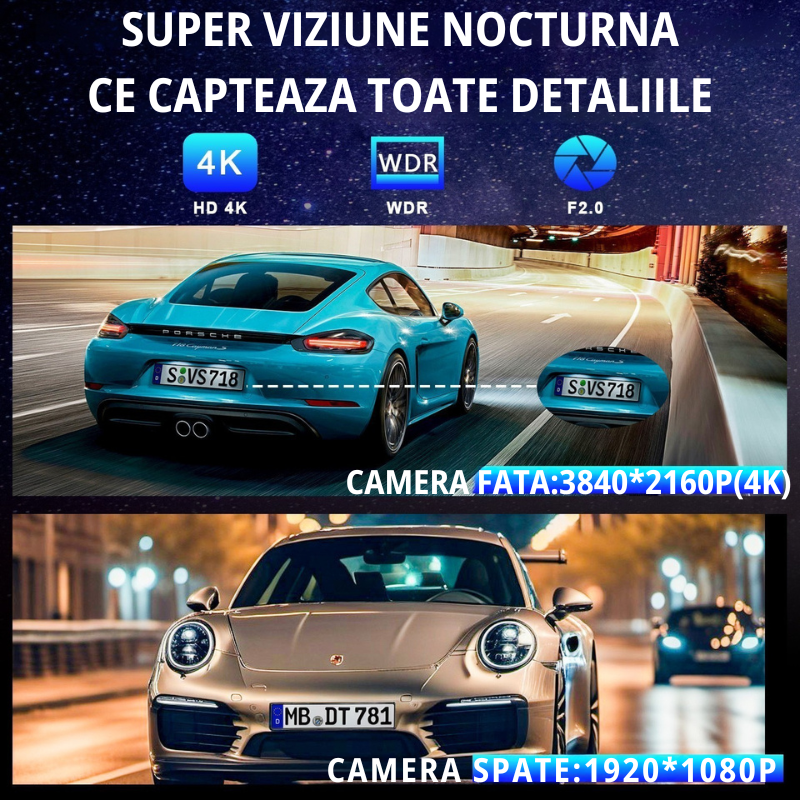 Camera auto 4G Taggo cu ecran LCD 4K, vedere nocturnă, GPS, cameră spate 1K, unghi 160°-170°, funcții ADAS și ABS.