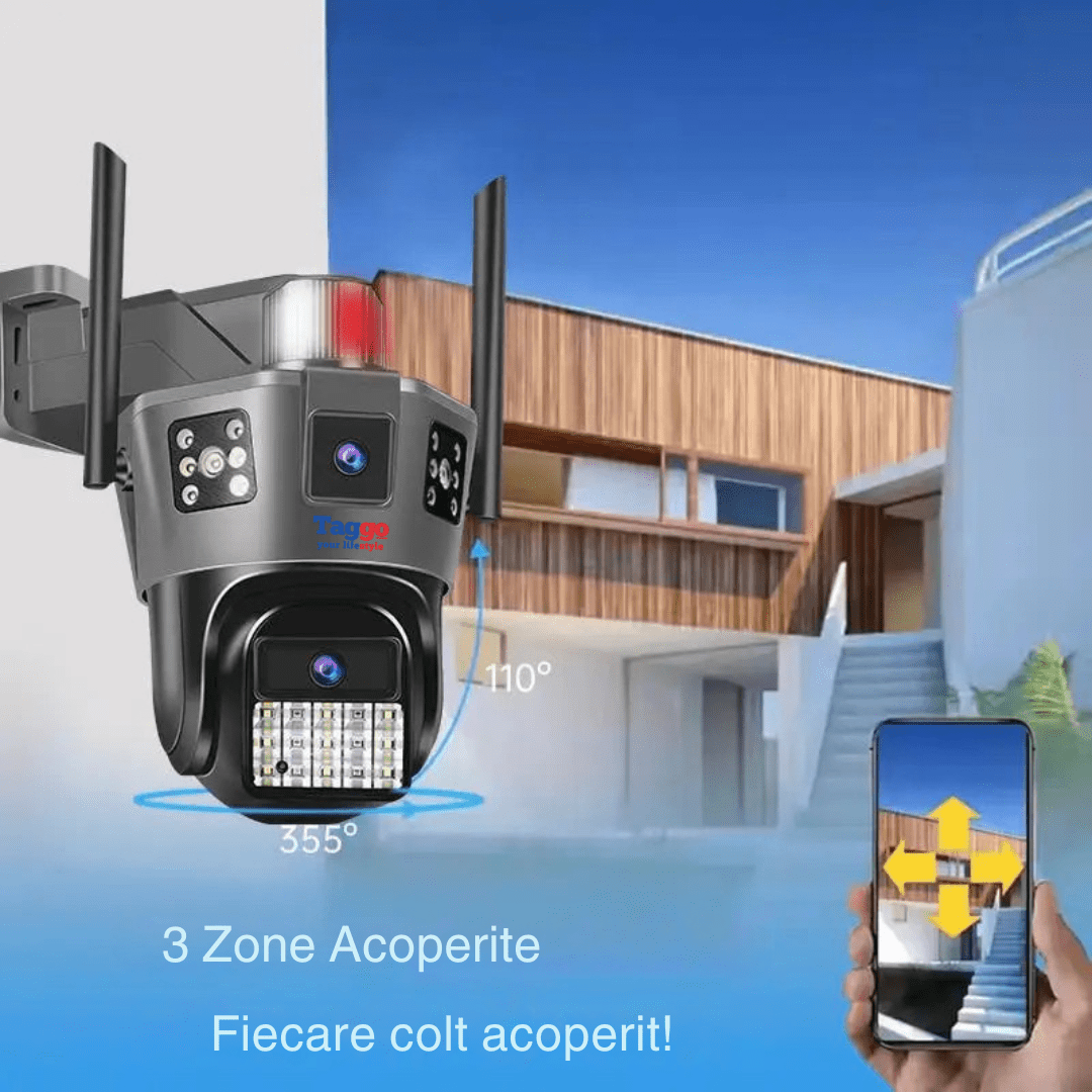 Camera de supraveghere 4G Taggo cu SIM, 6K, lentile duale, control din aplicație, urmărire automată și rezistență IP66