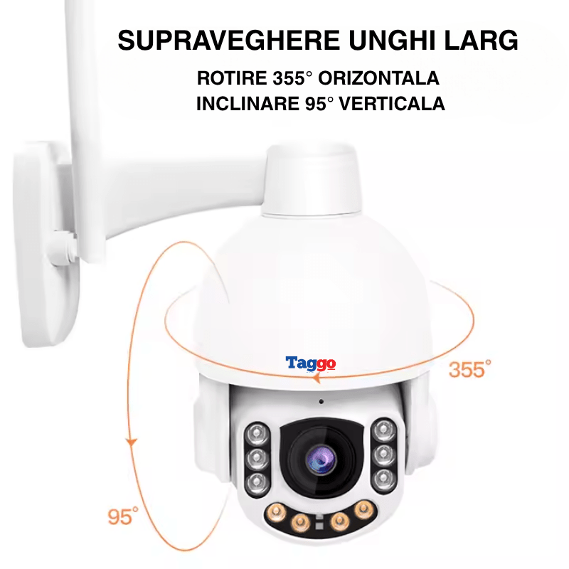 Camera supraveghere wireless Taggo.ro cu lentilă zoom optic 5X, 3MP, IP66, detectie umană și comunicare bidirecțională