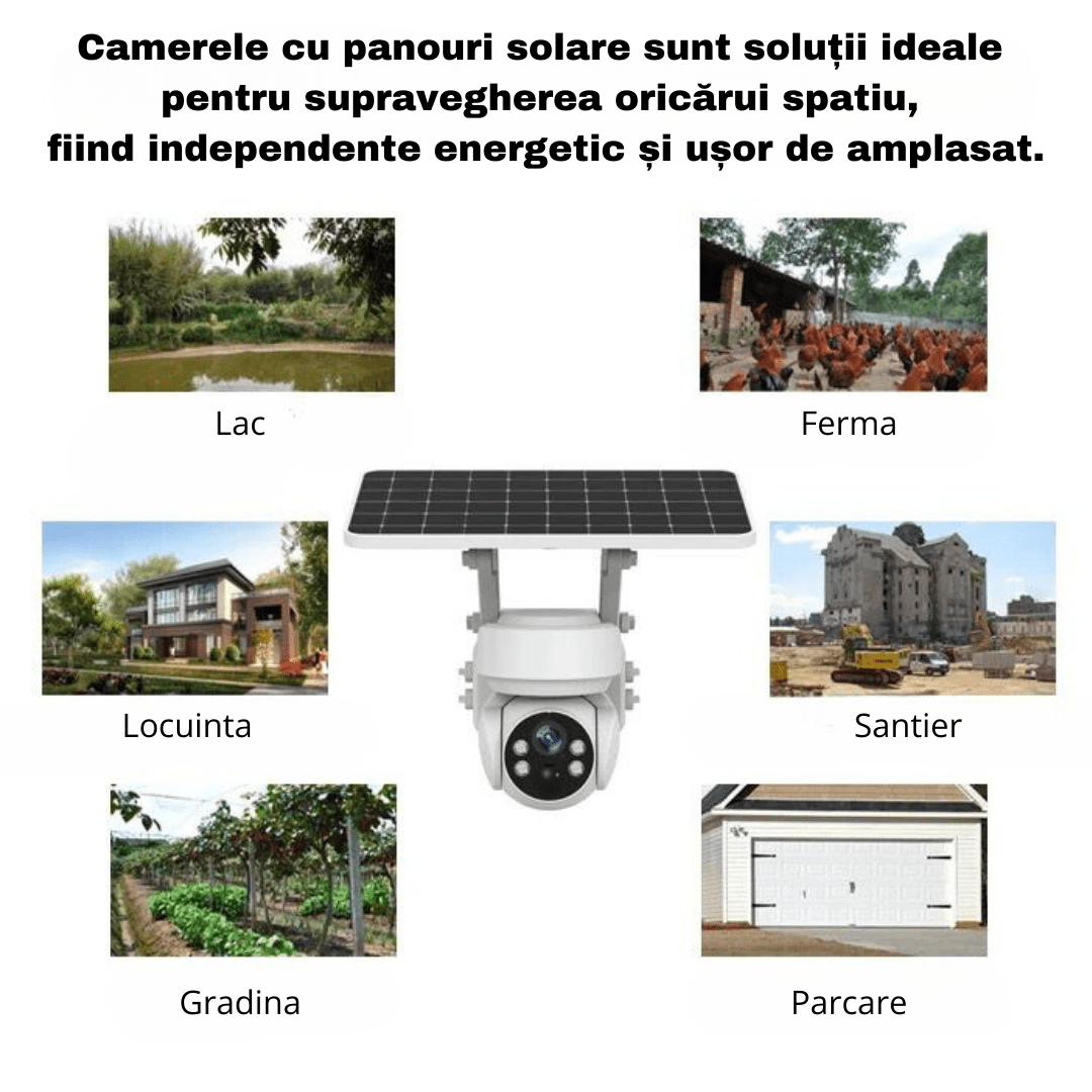 Camera de supraveghere solară 4G Taggo.ro, 5MP, panou solar, control din aplicație, rezistentă la apă, cu cartelă SIM.