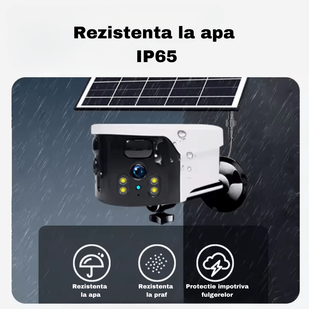 Camera supraveghere 4G Taggo.ro cu lentile duale, rezoluție 4K, incarcare solară și vedere panoramică, IP65, control din aplicație