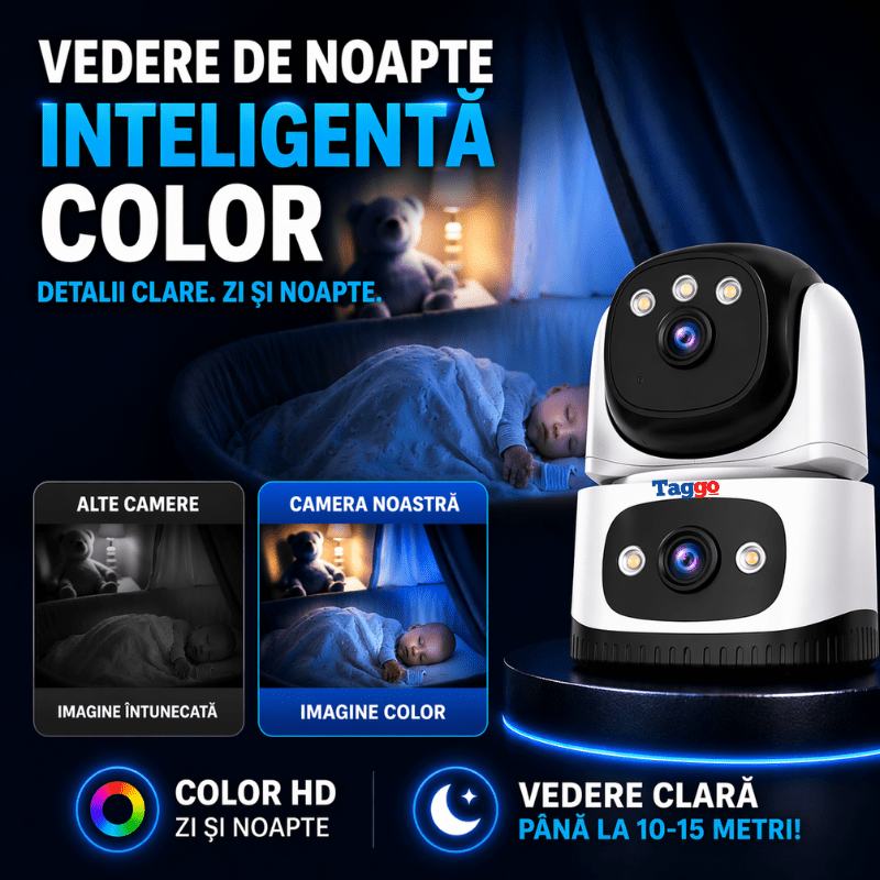 Camera de supraveghere interior Taggo cu rezoluție 6MP, două lentile, detectie persoane și vedere nocturnă, conectivitate 4G.