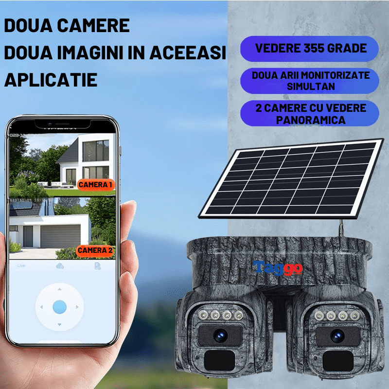 Camera de supraveghere Taggo.ro cu panou solar, 8MP, lentile 360°, detectie dubla și comunicare bidirecțională.