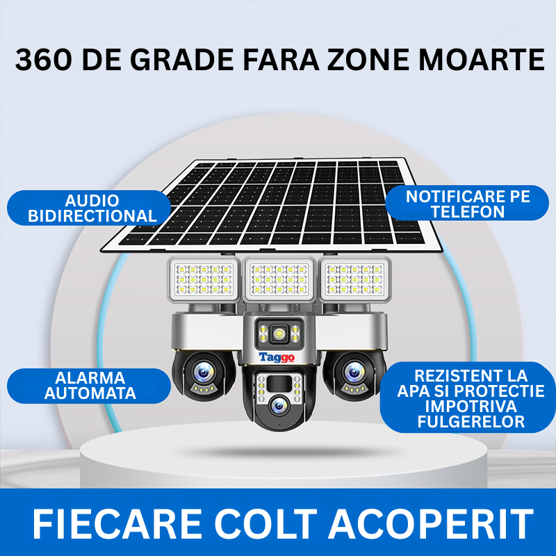 Camera de supraveghere Taggo.ro cu panou solar, 12MP, vizionare nocturnă, detectie mișcare și conectivitate 4G, rezistent la intemperii.