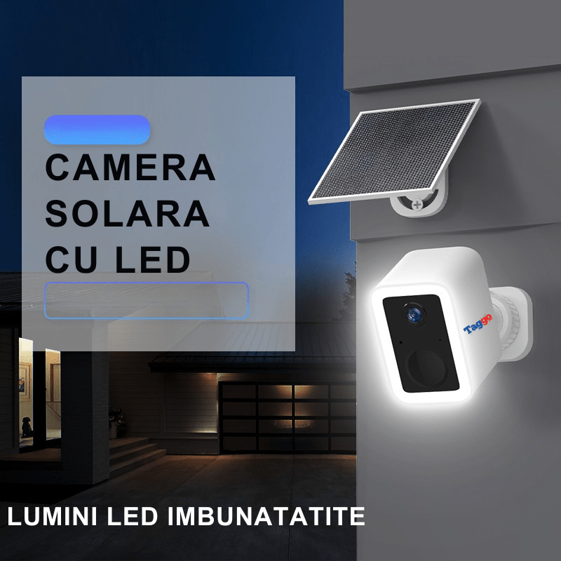 Camera de supraveghere Taggo cu panou solar, WiFi, 3 MP, AI tracking și baterie de 5200mAh, montată pe perete în exterior