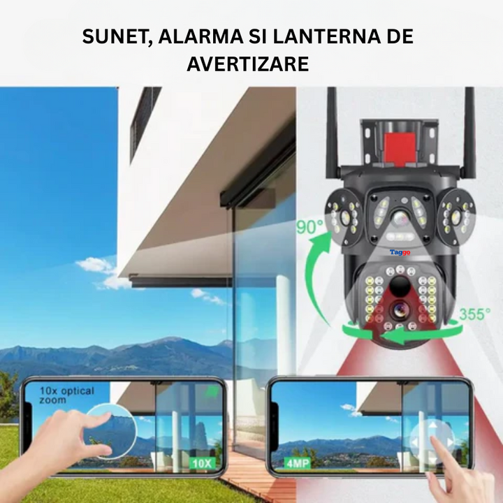 Camera Supraveghere 12MP 4G cu panou solar 10W, Multi-Lentile 3x4MP, Zoom optic 10X, 12xLED IR + 12xLED Alb, IP66 - Taggo.ro