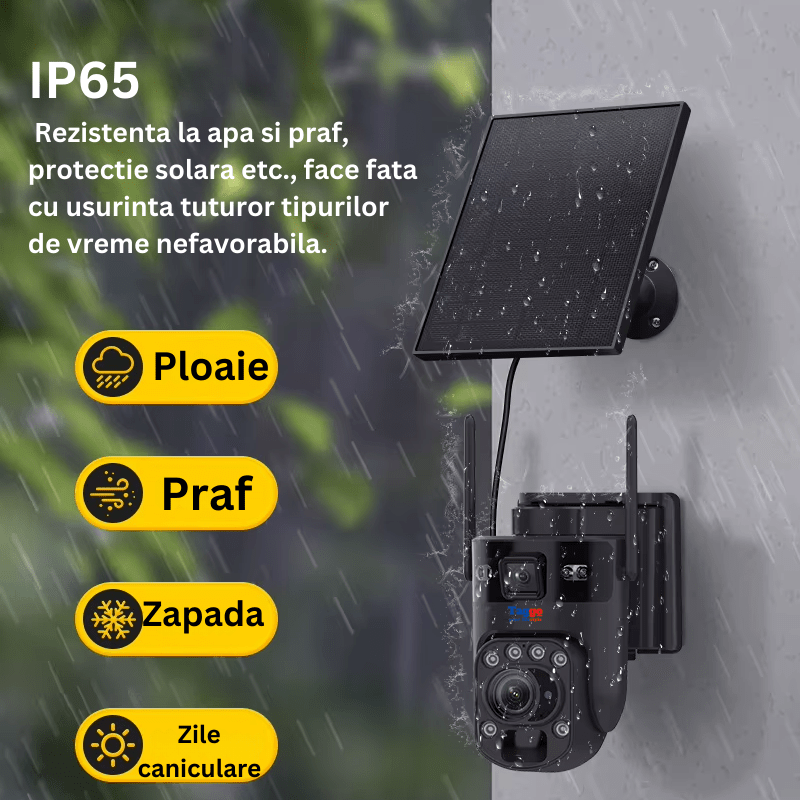 Camera de supraveghere WiFi Solara, 8MP 4K, zoom 99x, control aplicație, viziune nocturnă color, negru, cu două lentile.