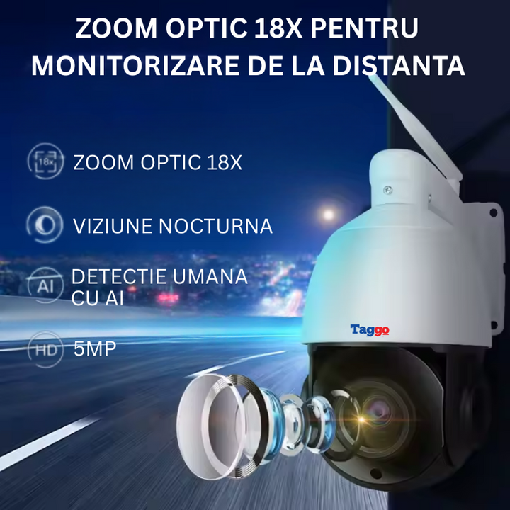 Camera de Supraveghere Conexiune Cartela SIM 4G, Rezolutie 5 MP, ZOOM 18X Optic, Detectie Miscare, IP66 - Taggo.ro