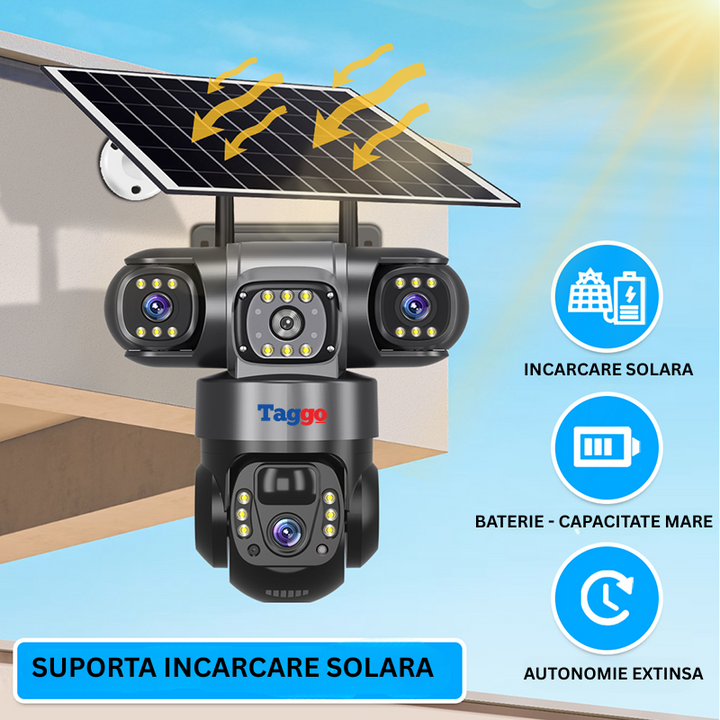 Camera Supraveghere cu Panou Solar, Conexiune 4G Cartela SIM, 9MP, 3 Lentile, Comunicare Bidirectionala - Taggo.ro