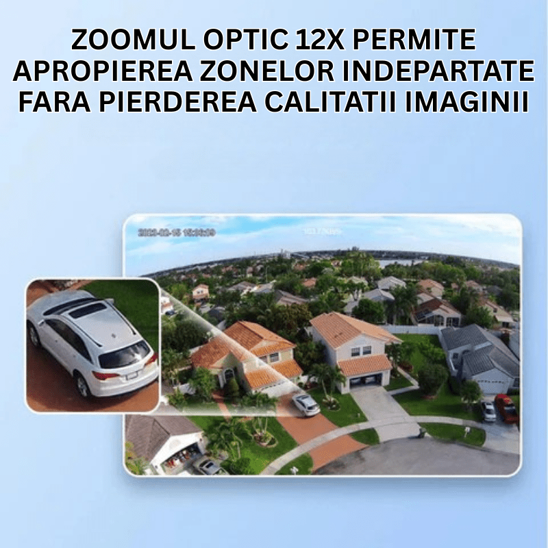 Camera supraveghere 4G 4K HD Taggo.ro cu lentilă duală, zoom 12X, încărcare solară, rotire din aplicație și rezistență IP66.