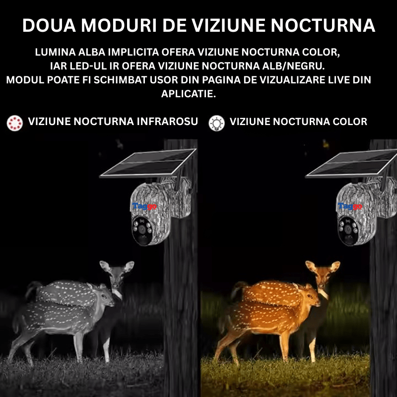 Camera de supraveghere vanatoare Taggo cu design camuflaj, 4MP, detectie animale și comunicare bidirecțională.