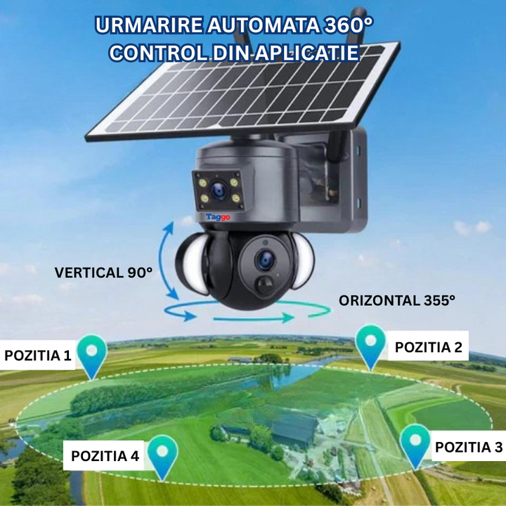 Camera Supraveghere 4G 4K Ultra HD, Dual Camera 4MP+4MP, 10X ZOOM, Incarcare Solara, Rotire Din Aplicatie, Rezistenta La Apa IP 66 - Taggo.ro