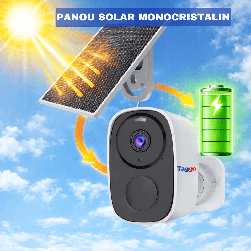 Camera de supraveghere Taggo cu panou solar, 3MP, conexiune 4G, senzor IR, rezistență IP66, control din aplicație.