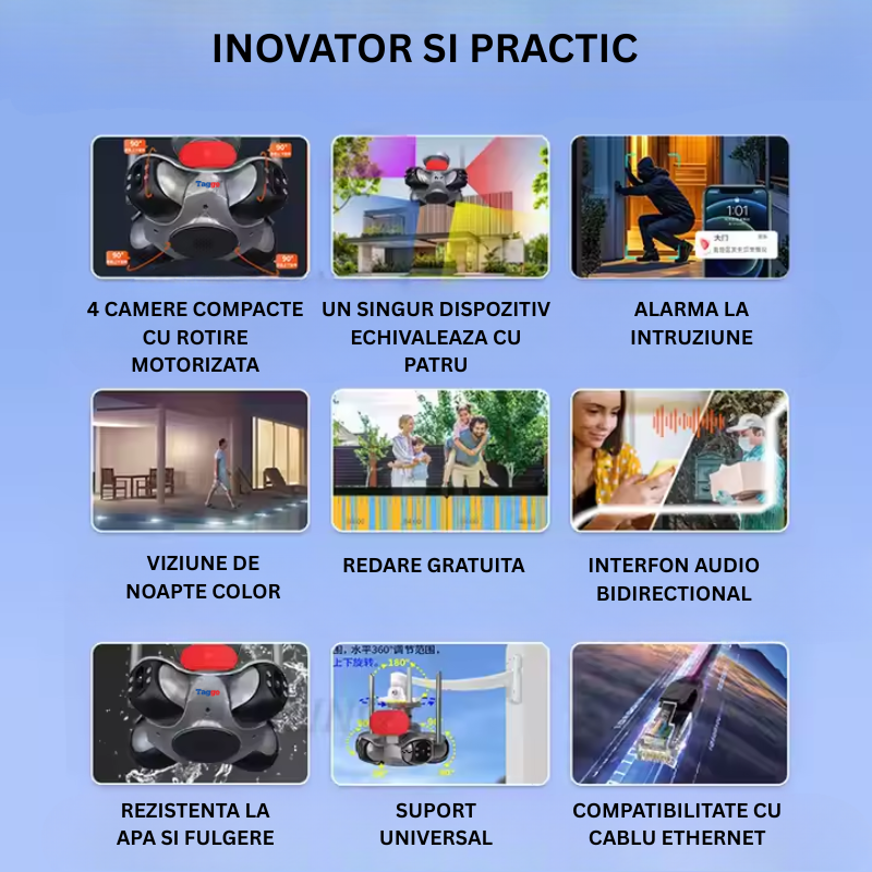 Camera de supraveghere WiFi 8K Taggo cu 4 lentile PTZ, detectie mișcare, alarmă sonoră și comunicație bidirecțională, IP66.