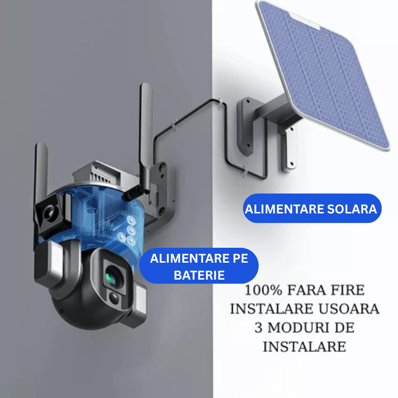 Camera supraveghere Taggo 4K Ultra HD, duală, zoom optic 20X, rezistentă la apă IP66, cu încărcare solară și rotire din aplicație.