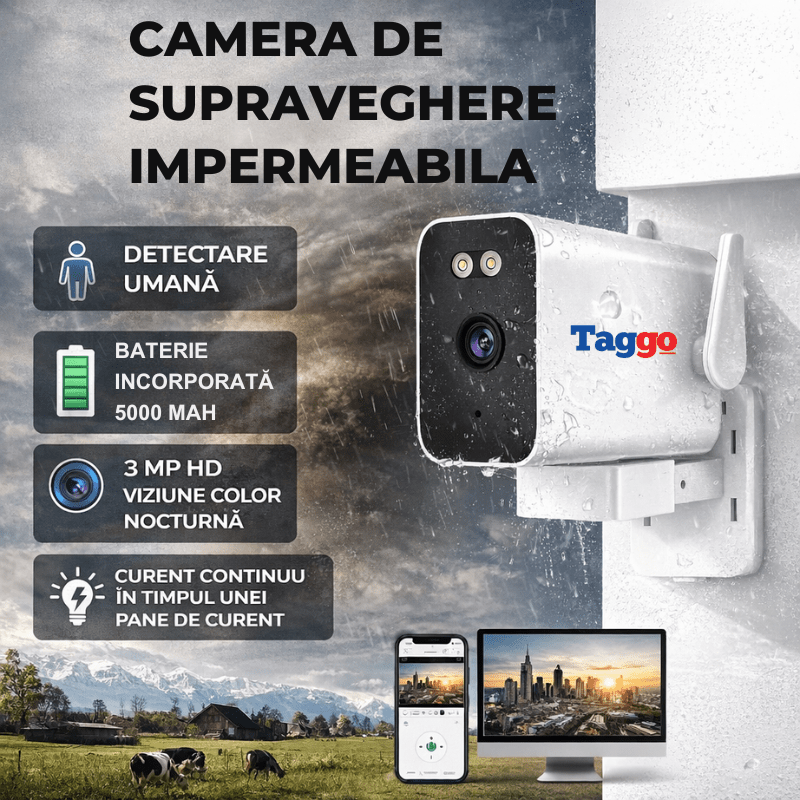 Camera de supraveghere 3MP fixă Taggo.ro cu vizionare nocturnă, WiFi, comunicare bidirecțională și protecție IP66