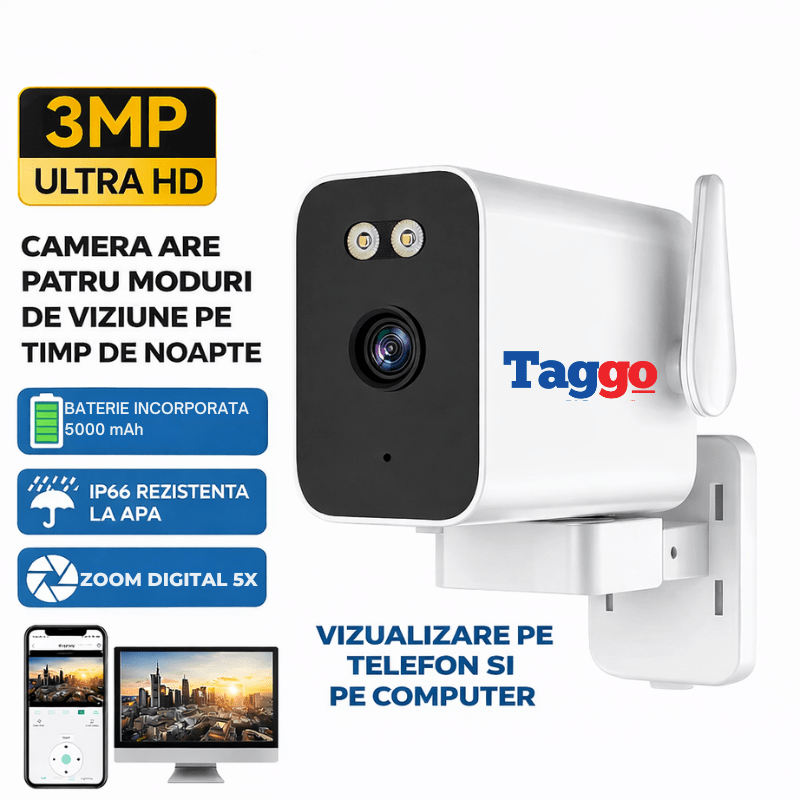 Camera de supraveghere 3MP fixă cu vedere nocturnă, WiFi, comunicare bidirecțională și protecție IP66.