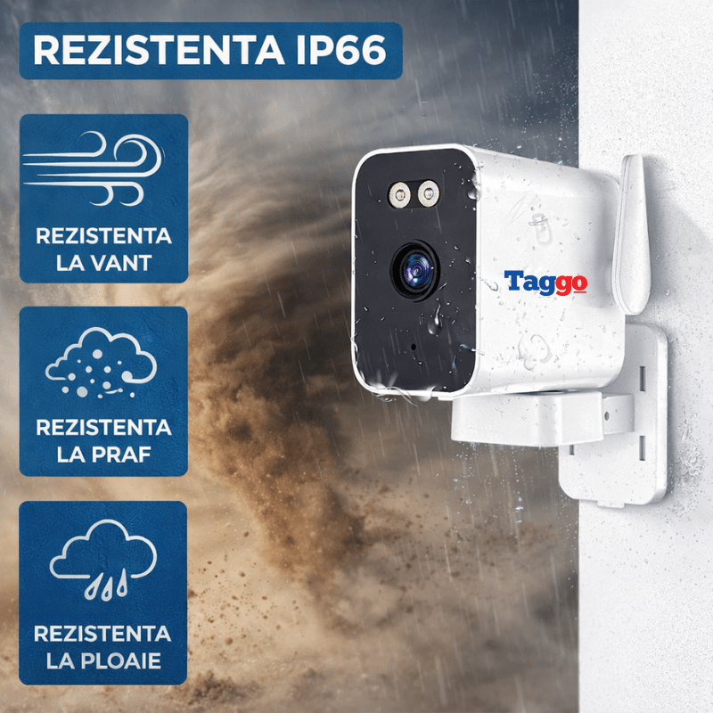 Camera de supraveghere 3MP Taggo.ro, fixă, WiFi, vedere nocturnă, comunicare bidirecțională și protecție IP66