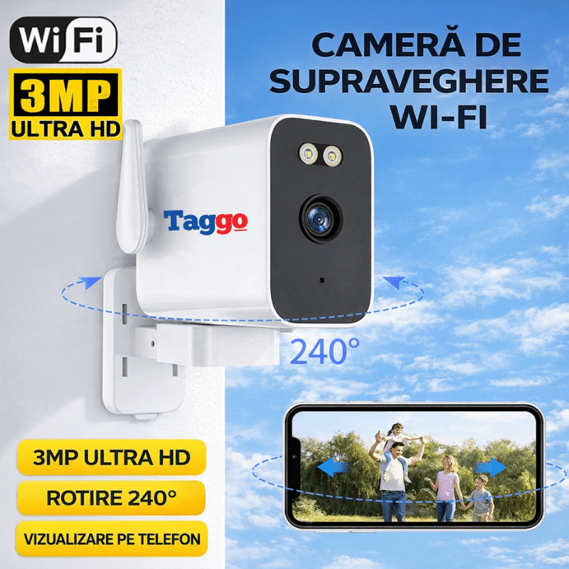 Camera de supraveghere 3MP Taggo.ro, fixă, WiFi, vedere nocturnă, comunicație bidirecțională și protecție IP66