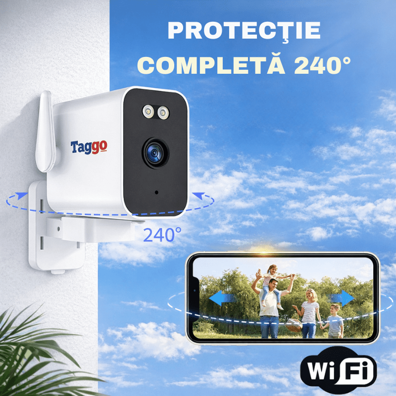 Camera de supraveghere 3MP Taggo.ro, fixă, cu vedere nocturnă, conexiune WiFi, comunicare bidirecțională și protecție IP66
