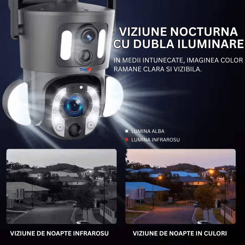 Camera de supraveghere WiFi Taggo, rezoluție 6MP, alimentare solară, zoom optic 20X, detectare umană, IP66, pentru exterior.