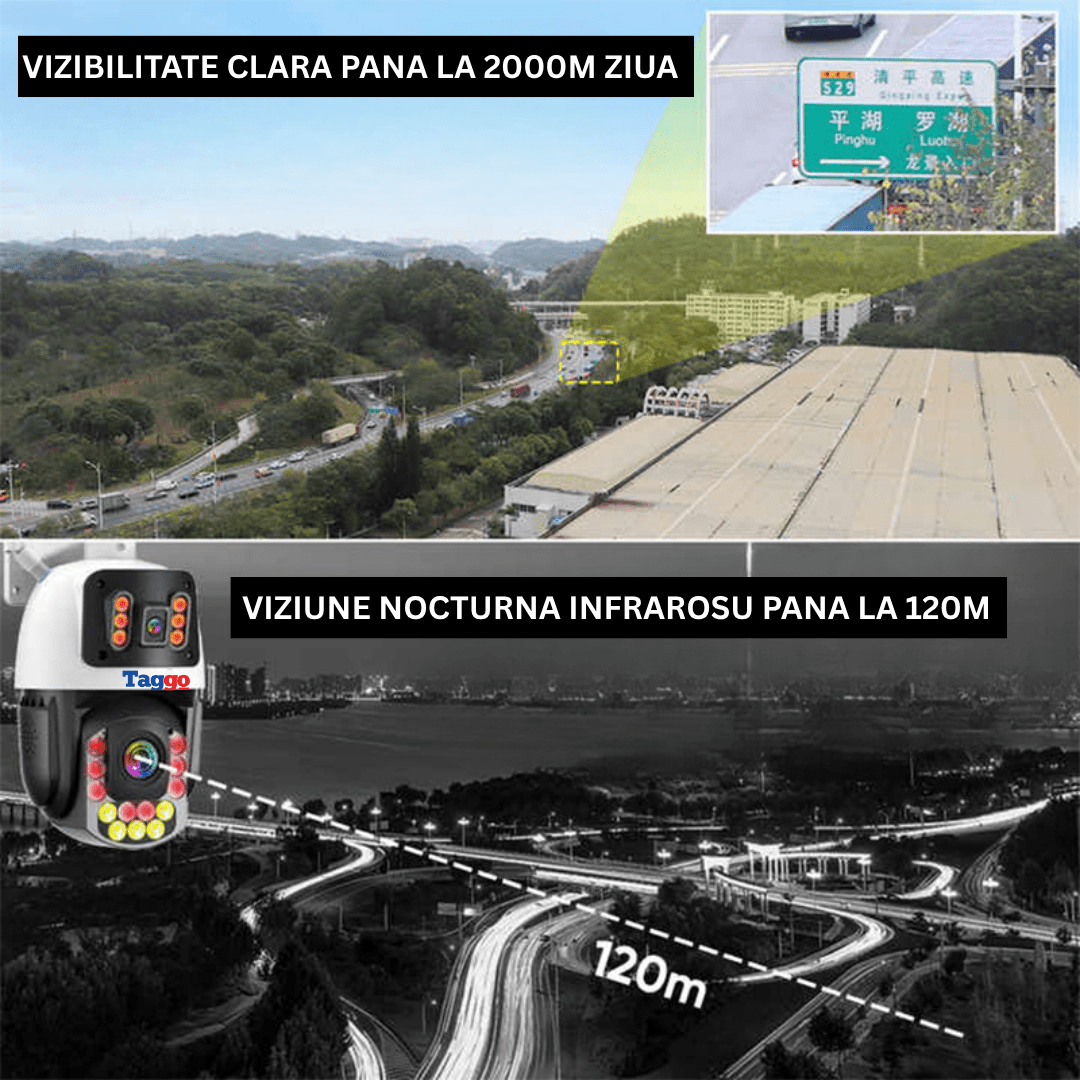 Camera supraveghere Taggo.ro 8MP 4K cu zoom optic 50X, vedere color pe timp de noapte, conexiune 4G, imagini clare și detaliate.