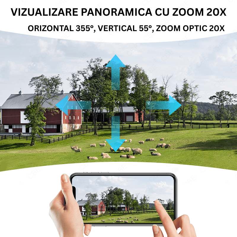 Camera de supraveghere WiFi Taggo.ro cu panou solar, 8MP, zoom optic 20x, structură metalică, IP66, comunicare bidirecțională