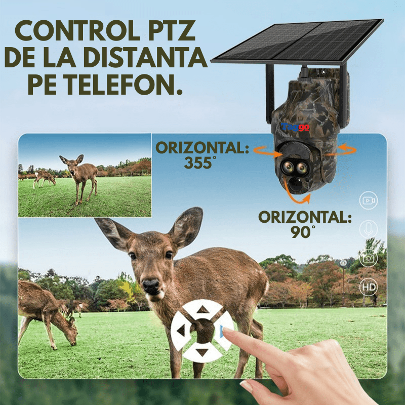 Camera de vânătoare Taggo.ro cu rezoluție 6MP, zoom 12X, conexiune 4G, IP66, audio bidirecțional și control din aplicație.