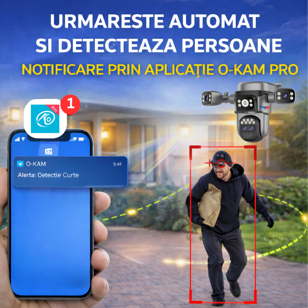 Camera de supraveghere WIFI Taggo 12MP cu panou solar, 4 lentile, zoom 10x, viziune nocturnă și detectie PIR.