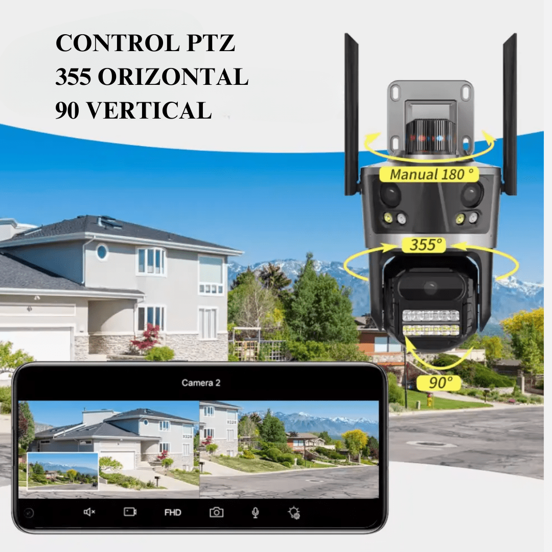Camera de supraveghere WIFI 4K 8MP Taggo.ro cu 3 lentile, control din aplicație, rezistentă la apă și alarmă.