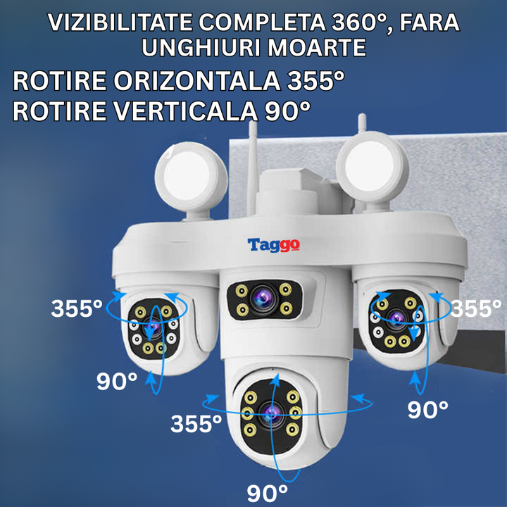 Camera Supraveghere WiFi cu 4 Lentile, 16MP, Viziune Color Noapte, Audio Bidirectional, IP65, Detectie si Urmarire Umana - Taggo.ro