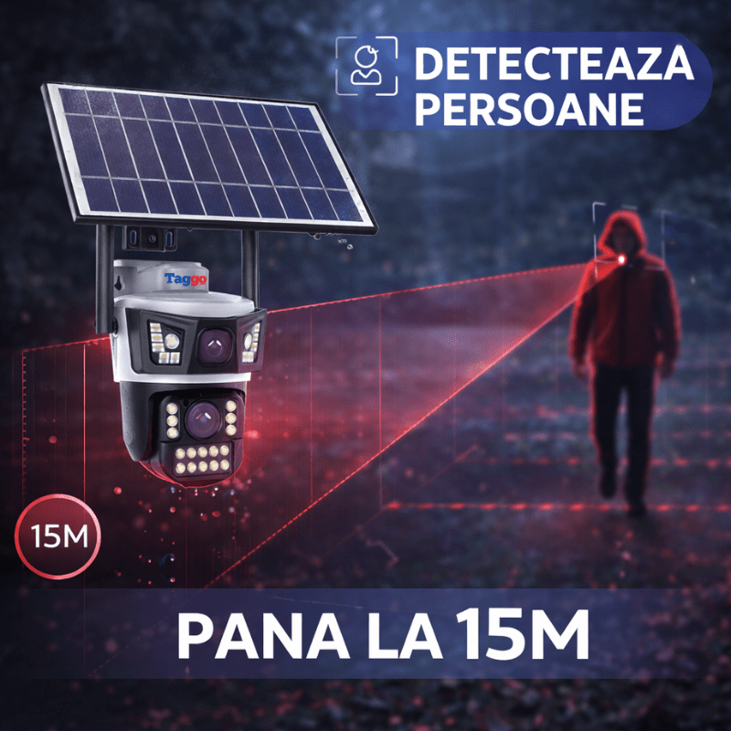 Camera Supraveghere cu Panou Solar AOV pentru exterior 2 lentile, conexiune 4G, Rezolutie 4K 8MP, Full Color Noaptea, Alb - Taggo.ro