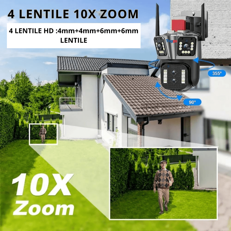 Camera de supraveghere Taggo 8K WIFI cu zoom 10X, 16MP, 4 lentile, control din aplicație și comunicare bidirecțională