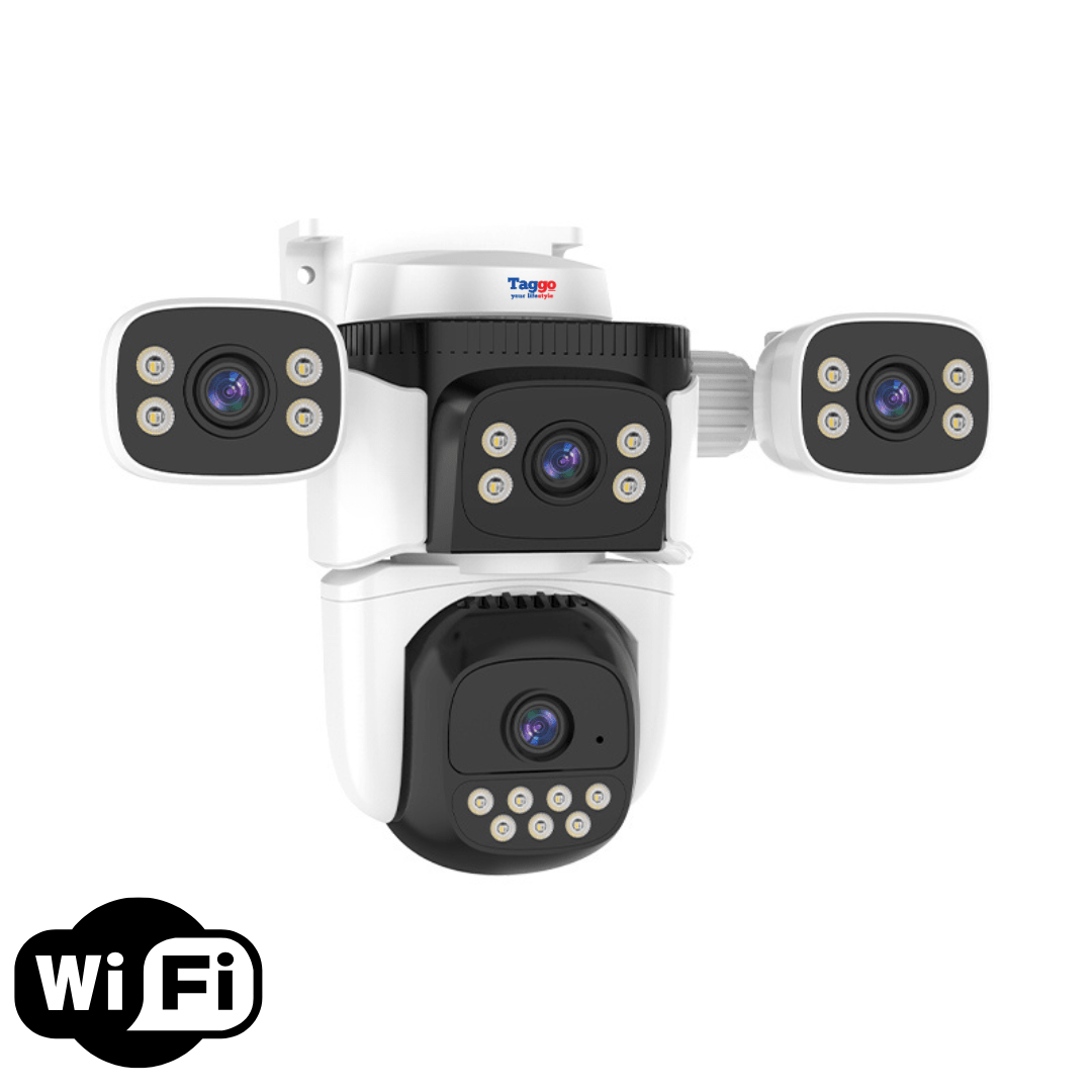 Camera de supraveghere WiFi Taggo.ro cu 12MP, 4 lentile HD, vedere panoramică 360° și funcție PTZ, cu audio bidirecțional.