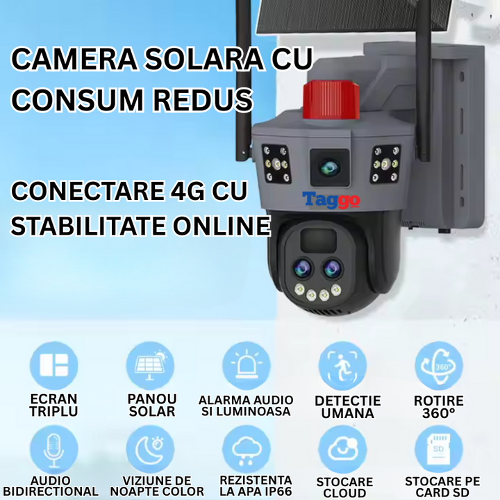 Camera de Supraveghere Solara 4G 12MP cu Trei Lentile, Zoom 10X, Rezistenta La Apa IP 66 - Taggo.ro