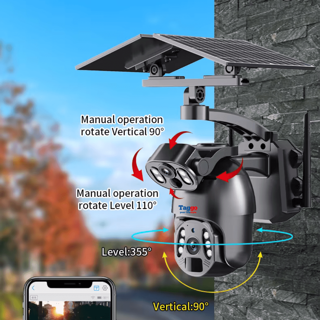 Camera supraveghere Taggo.ro 4G Ultra HD, duală, 6MP, cu încărcare solară, rotire din aplicație și rezistență la apă IP66.
